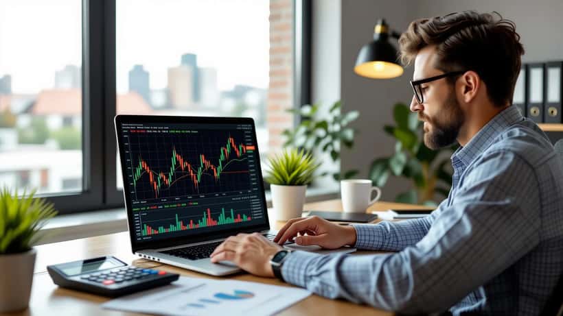 Asesor financiero hispano revisando gráficas del mercado durante elecciones 2026