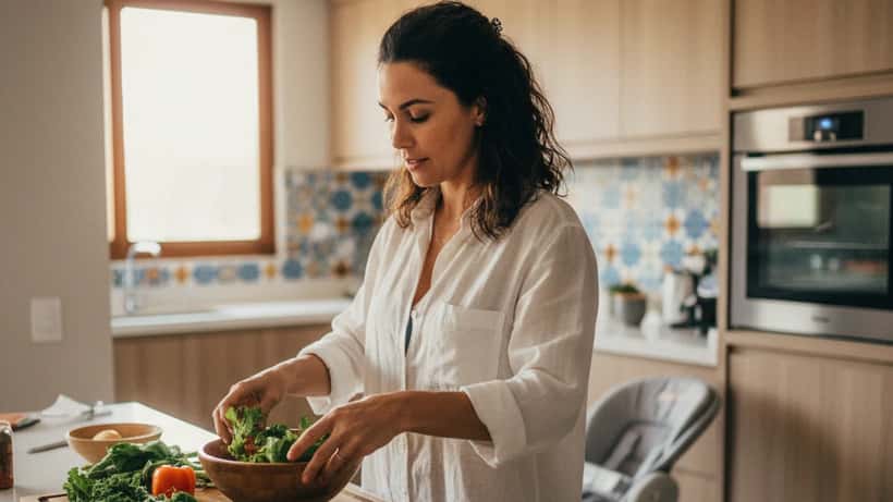 Mulher brasileira preparando refeição saudável na cozinha com bebê ao fundo e alimentos na bancada