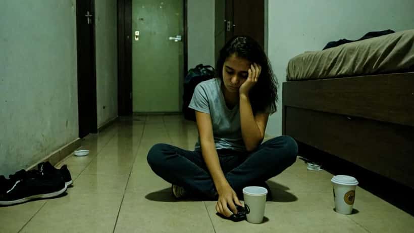 Jovem mulher isolada em apartamento com luz de tela de smartphone, representando sofrimento emocional e saúde mental