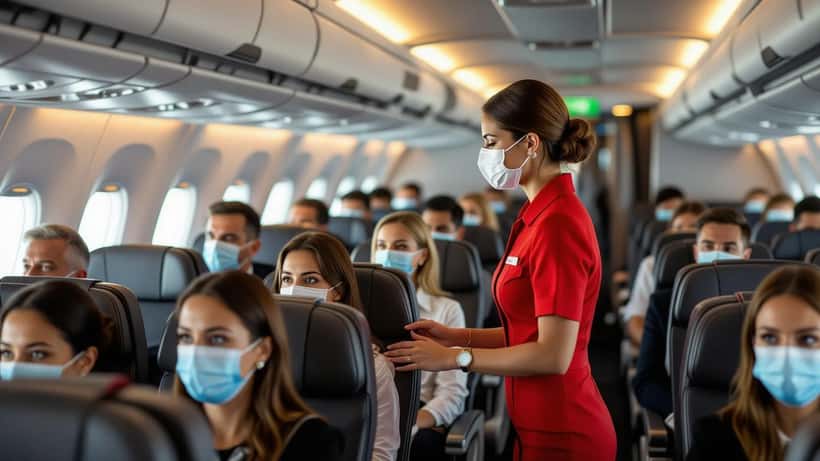 Cabine d'un Boeing 777 avec légère vapeur chimique visible, passagers inquiets et hôtesse en uniforme rouge