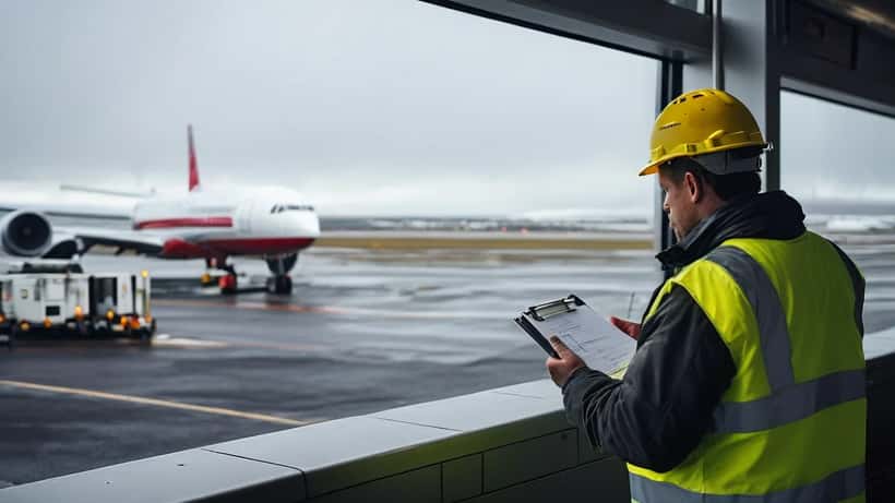 Flughafnarstarfsmaður í gulum öryggisföt við bílstjórabíl á Keflavíkurflugvelli undir gráum himni
