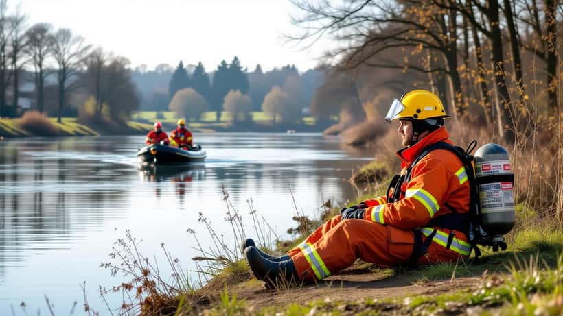 Secouriste du SAMU vérifiant l'état d'une victime de quasi-noyade sur les berges d'un fleuve français