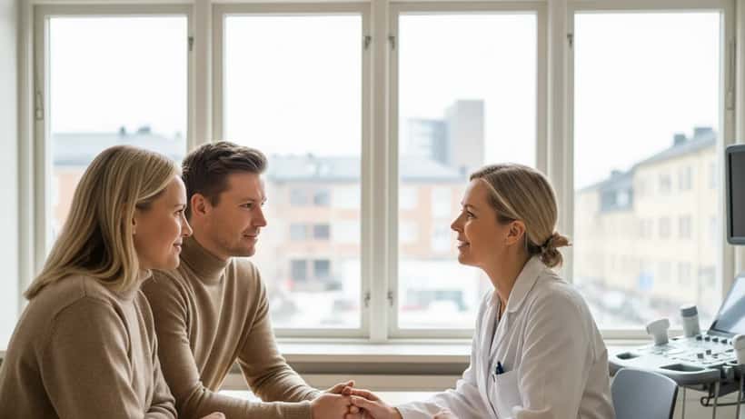 Svensk reproduktionsspecialist i konsultation med ett par på en fertilitetsklinik i Göteborg