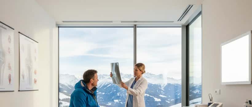 Hobbyskifahrer in Beratung mit einem Sportmediziner in einer Bergklinik nach einer Knieverletzung