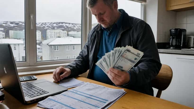 Launþegi fer yfir reikninga og laun við borð á heimili í Reykjavík