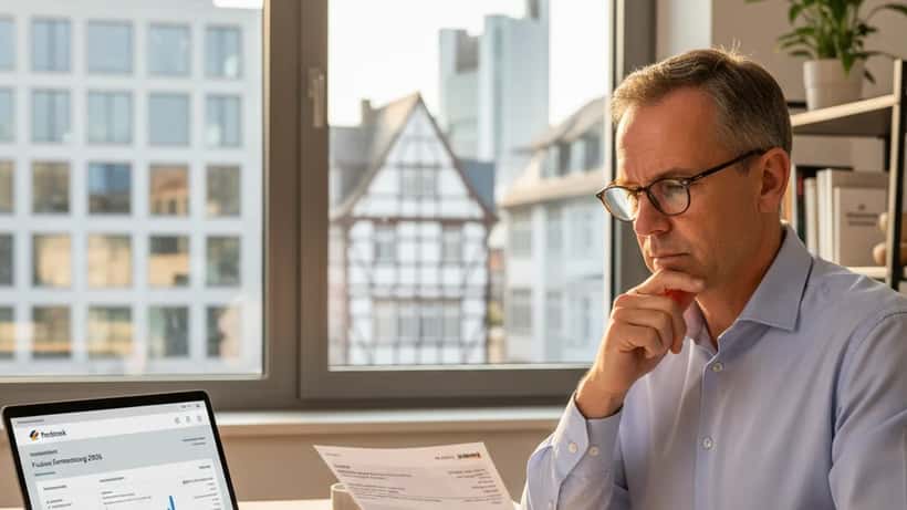 Deutscher Mann mittleren Alters prüft Bankunterlagen am Schreibtisch, Laptop mit Online-Banking im Hintergrund