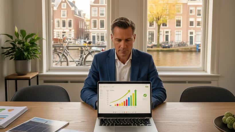 Nederlandse financieel adviseur bespreekt verduurzamingsopties met een huiseigenaar in Amsterdam