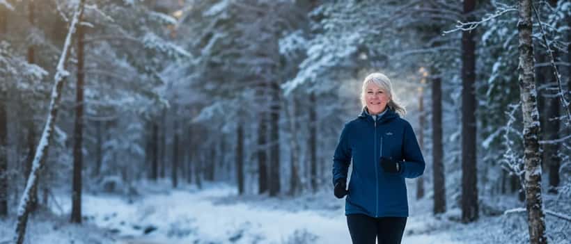 Eldre norsk kvinne løper på skogssti om vinteren i avslappet tempo