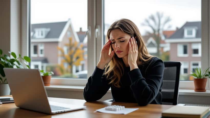 Vrouw houdt haar hoofd vast van migraine in een thuiskantoor in Utrecht met regenachtig herfstlandschap door het raam