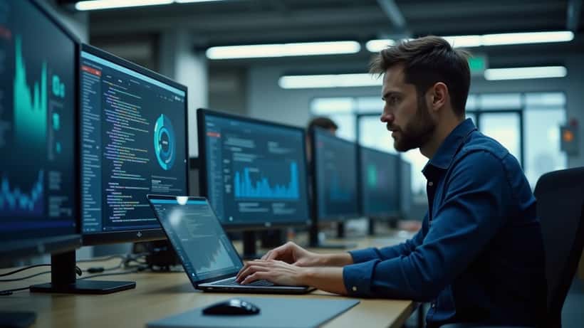 IT security consultant reviewing AI security alerts on laptop screens in a Toronto office