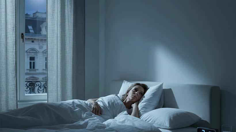 Frau liegt schlaflos in einem Wiener Schlafzimmer, Mondlicht fällt durch die Jalousien