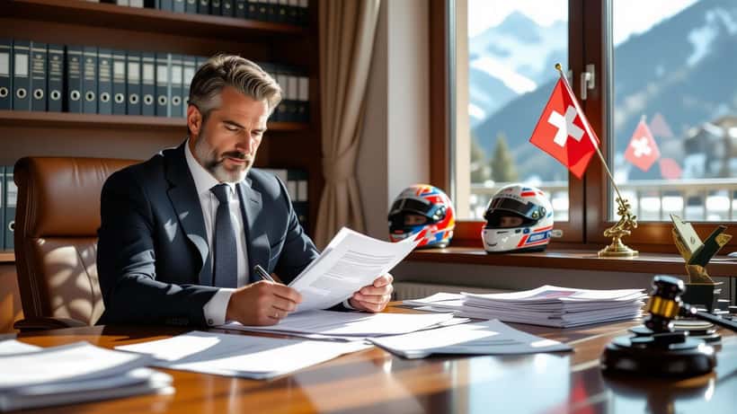 Avocat suisse examinant des documents de permis pour organiser une course automobile sur circuit en 2026