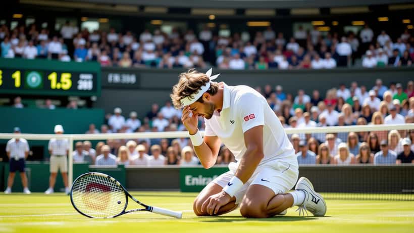 Tennis player kneeling on Wimbledon grass court in emotional moment after qualifier comeback victory at Wimbledon 2026