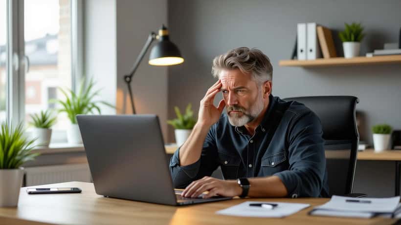 Stressad affärsman vid laptop visar utpressningsmail i minimalistiskt göteborgskontor