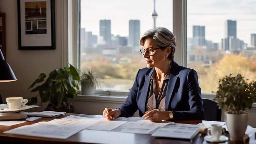 Canadian woman in her 50s reviewing financial planning documents at home office desk