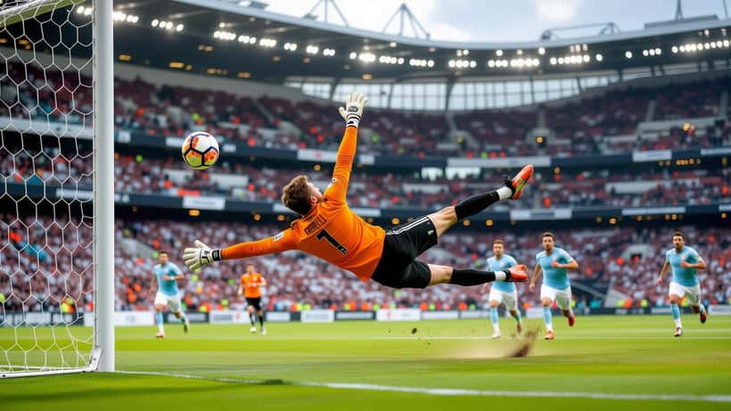 Young goalkeeper diving to make a save during a Premier League match under stadium floodlights