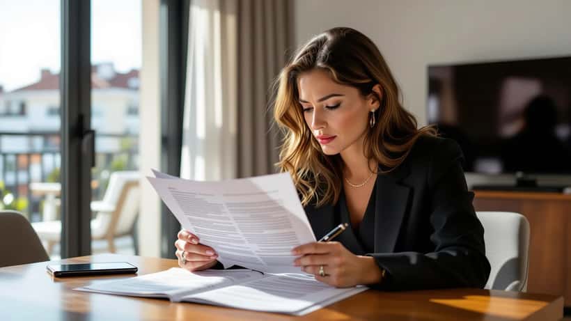 Mulher lendo contrato de participação de reality show em apartamento em Lisboa