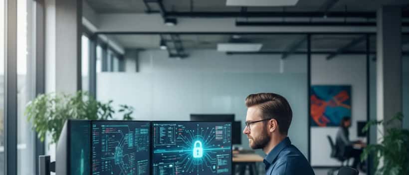 IT-Sicherheitsspezialist an einem Arbeitsplatz mit Netzwerk-Sicherheits-Dashboards