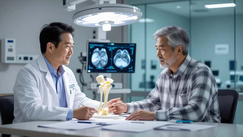 Orthopedic consultation with hip joint model and MRI scans - avascular necrosis diagnosis