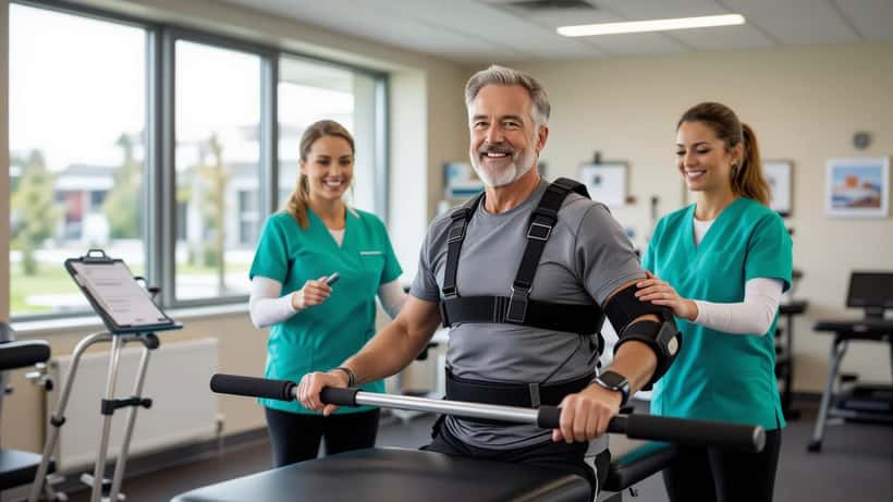 Un homme de 57 ans en rééducation avec une attelle à la jambe, aidé par une physiothérapeute aux barres parallèles