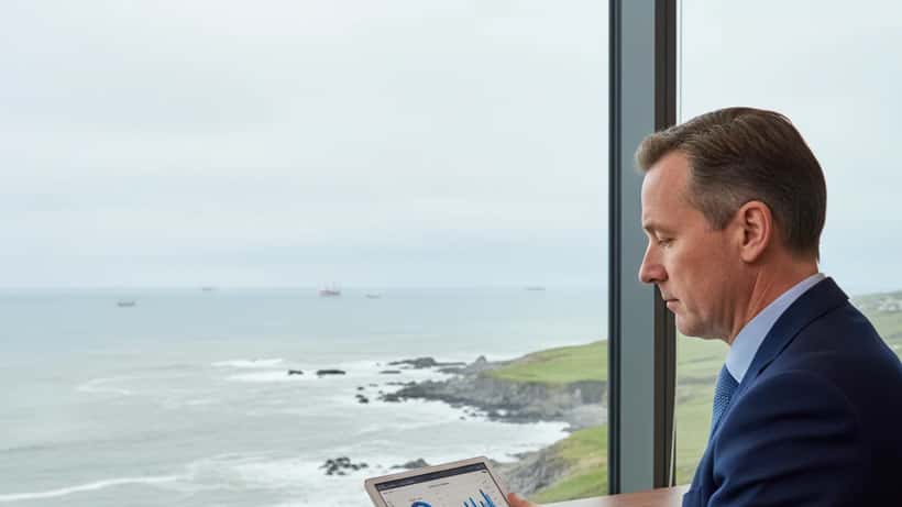 British wealth manager reviewing energy investment charts in Aberdeen office overlooking North Sea