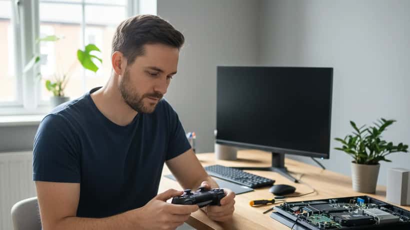 British man inspecting a disassembled PS4 console on his desk in Manchester, deciding whether to repair or replace it