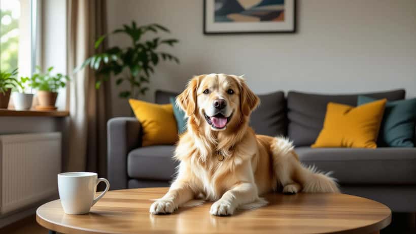 Femme réconfortant son chien tremblant sous une table pendant un orage de grêle en France
