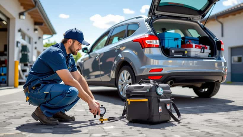 Mécanicien inspectant les pneus d'une voiture familiale chargée avant le départ en vacances sur l'A9