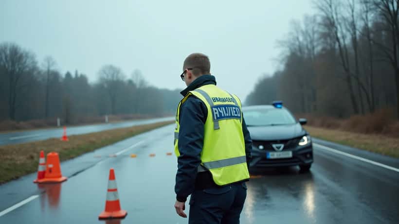 Svensk polis i gul reflexväst undersöker krockad bil på vägsidan med trafikvakter och polisavspärrning