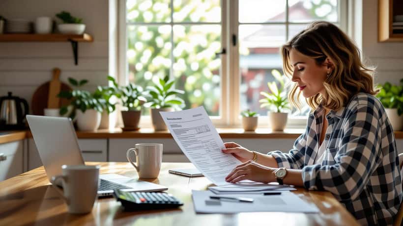 Australian woman reviewing superannuation statement and payslip at kitchen table with laptop showing ATO website