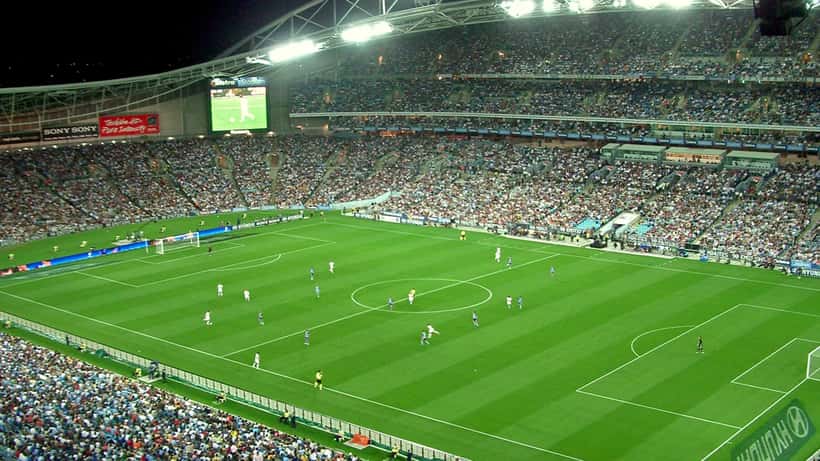 Football crowd at Homebush stadium in Sydney, Australia, ahead of a major match