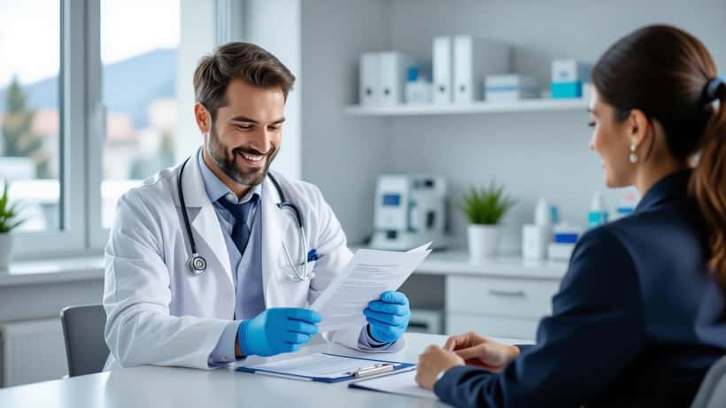 Arzt erklärt Patientin die Corona-Impfung 2026 in einer Praxis