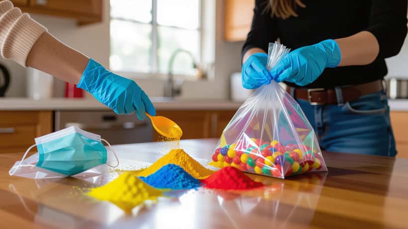 Parent wearing protective gloves carefully bagging recalled colourful scented sand from The Reject Shop following the ACCC asbestos recall