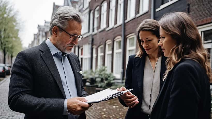 Makelaar inspecteert een Amsterdamse rijtjeswoning en wijst op een scheur in de gevel, met een jong stel naast hem