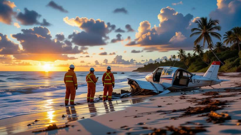 Aviation investigators examining aircraft debris on a tropical shoreline