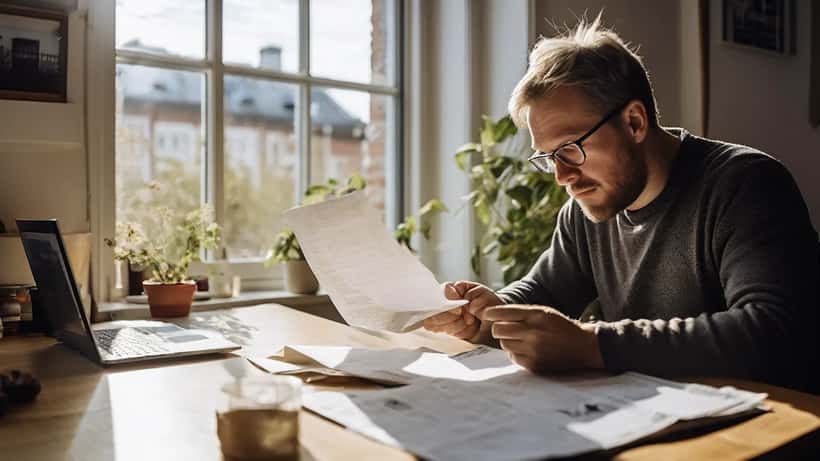 Suomalainen mies tutkii Kelan yleistukipäätöstä kotonaan