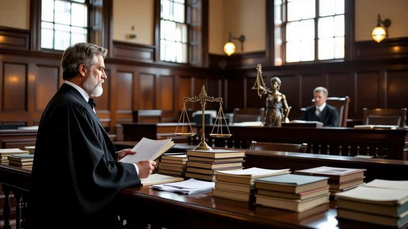 Criminal solicitor reviewing case files at a Victorian wooden courtroom bench in London