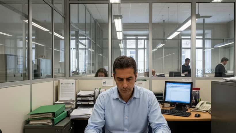 Funcionário público a analisar documentos de licenciamento ambiental num escritório em Lisboa
