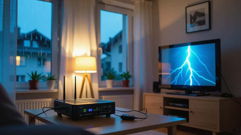 Propriétaire suisse inspectant un routeur défaillant après un orage avec surtension électrique