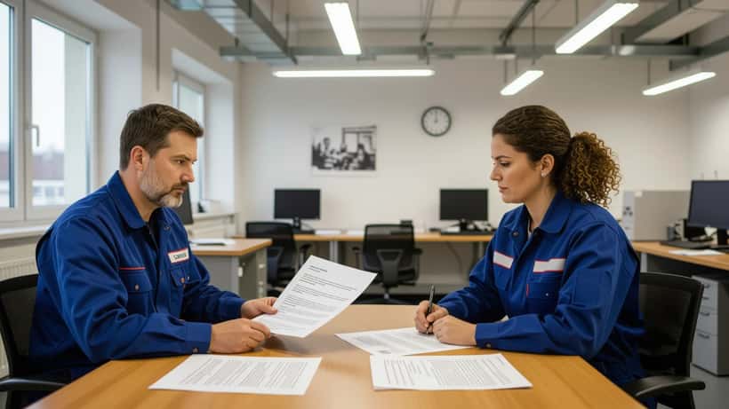 Werksarbeiter und HR-Manager prüfen Kurzarbeit-Dokumente in einem Industriebüro in Dortmund