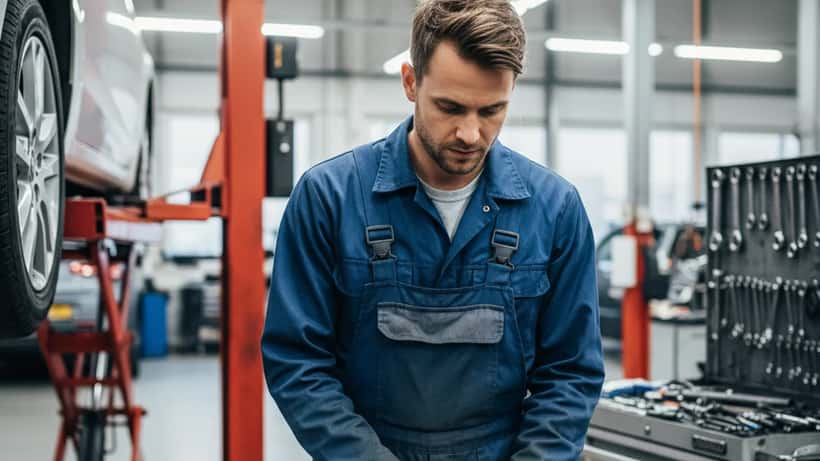 Monteur controleert bandenspanning bij zijn garagebedrijf in Rotterdam