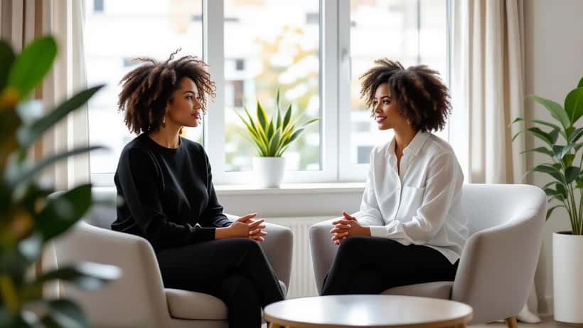 A Black woman in a calm therapy consultation discussing self-image and mental health with a professional