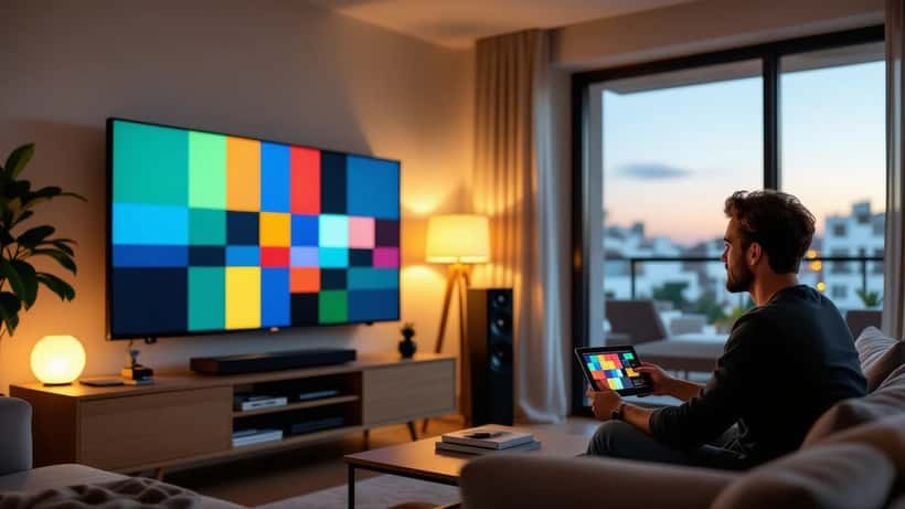 Técnico a calibrar uma televisão OLED numa sala de cinema em casa em Lisboa