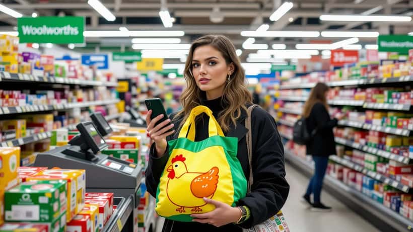 Australian woman at Woolworths checkout holding novelty insulated chicken-shaped reusable bag, looking concerned at her phone