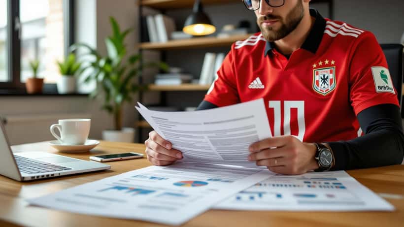 Finanzberater prüft Sportlerprämien und Steuerdokumente am Schreibtisch