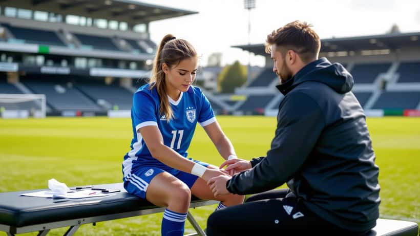 Junge Fußballspielerin mit Knieschmerzen am Spielfeldrand bei der U-17-Frauen-Europameisterschaft 2026