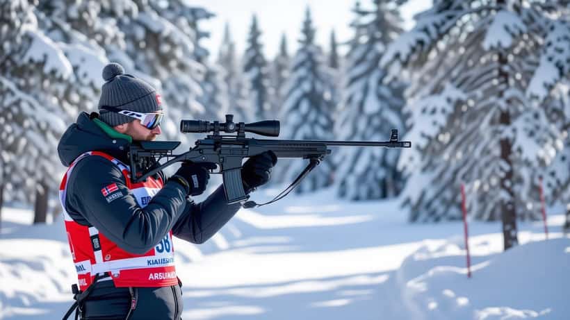 Ampumahiihtäjä ottaa tähtäyksen ammuntapaikalla talvisessa suomalaisessa metsässä