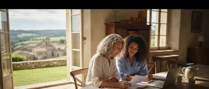 Femme et sa fille qui examinent des documents de succession dans une maison de campagne française