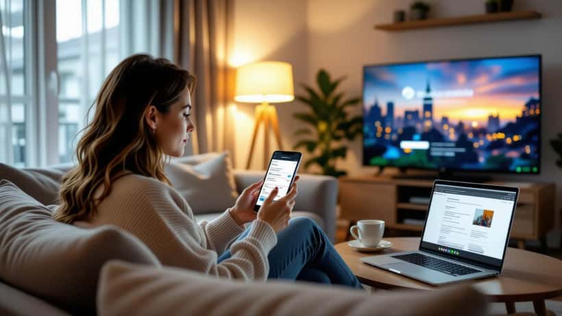 Donna italiana che verifica le spese di abbonamento streaming sul telefono in appartamento milanese
