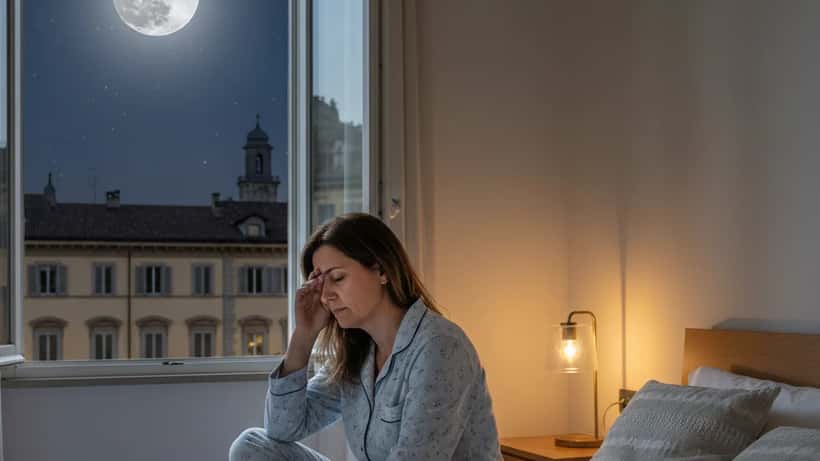 Donna italiana in pigiama sveglia di notte con la luna piena visibile dalla finestra